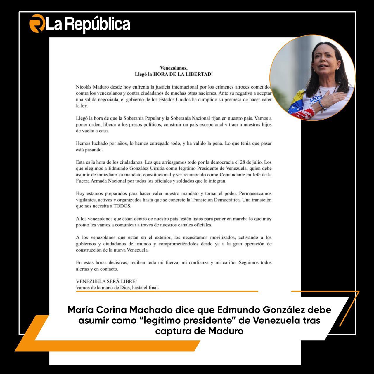 La dirigente opositora María Corina Machado difundió este 3 de enero de 2026 un comunicado en el que calificó el momento político de Venezue - Cover Image